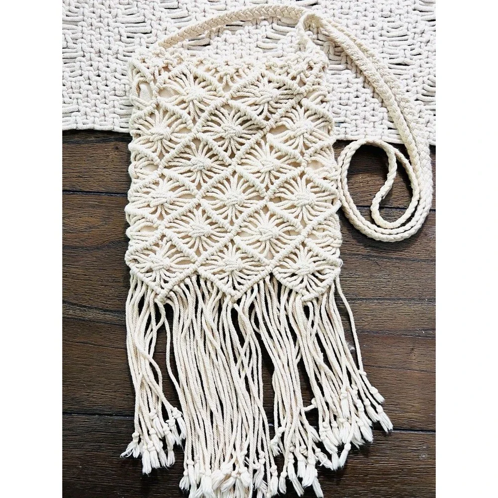 Vintage 90s Polo Jeans Co Ivory Macrame Crossbody Bag Fringe Boho Whimsygoth